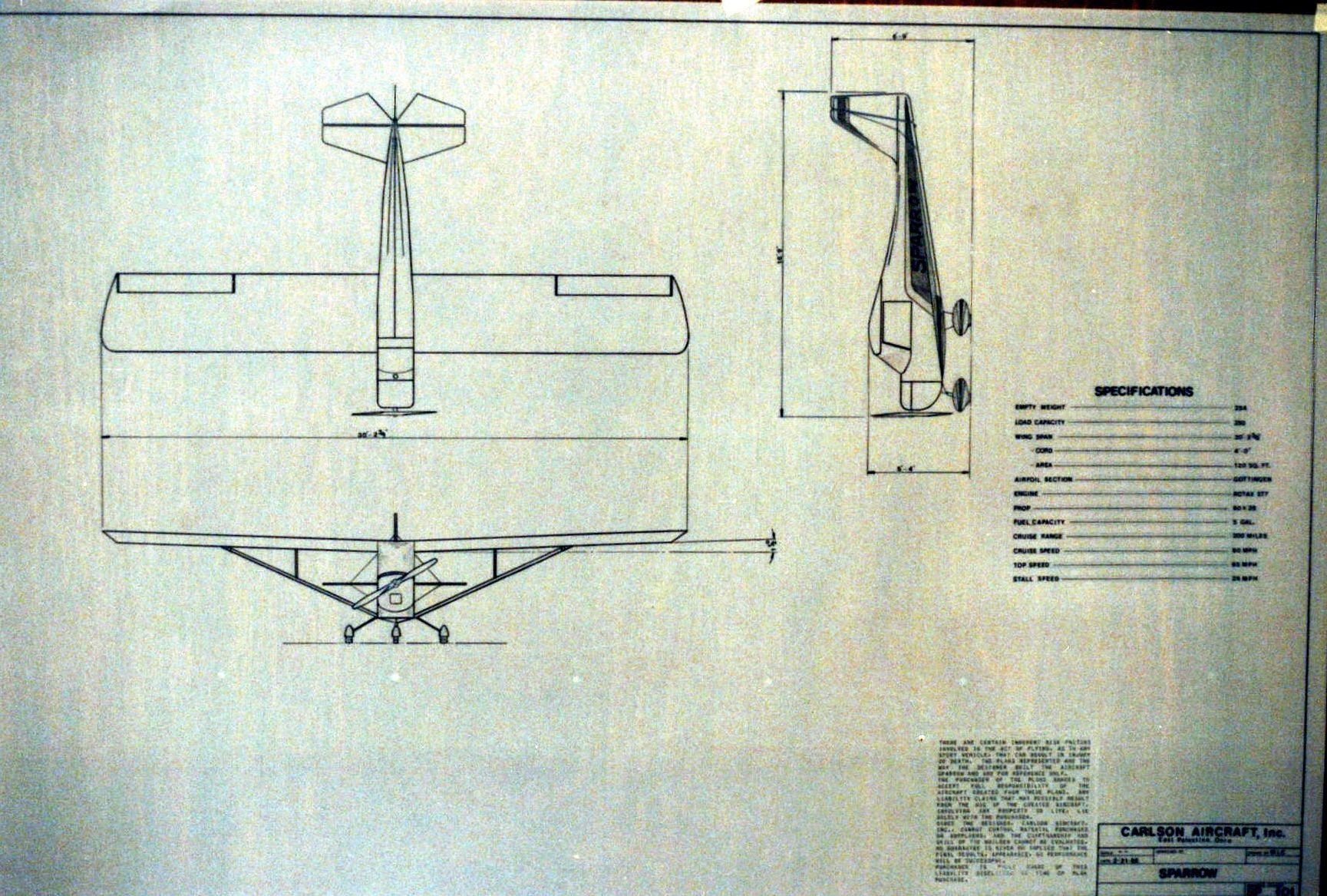 Carlson Aircraft, Inc. three-view drawing of the Sparrow with a specifications table and title block