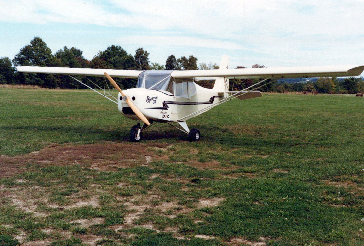 White Carlson Sparrow II on a grass strip
