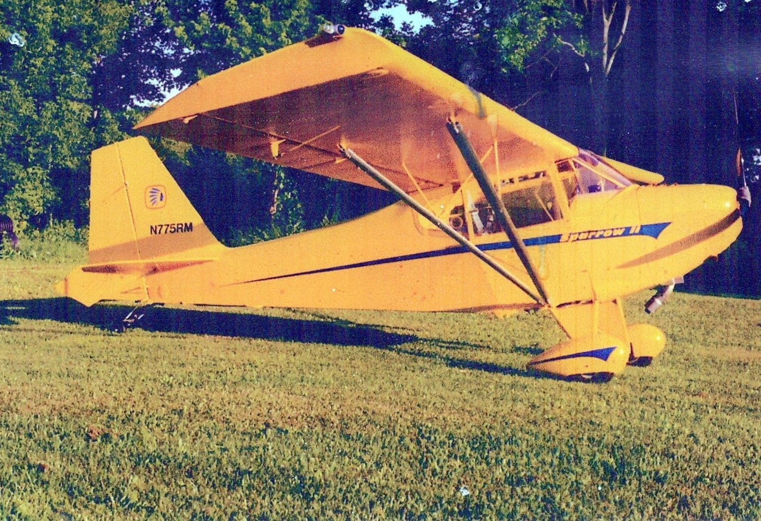 Yellow owner-built Carlson Sparrow II with wheel pants, parked on grass