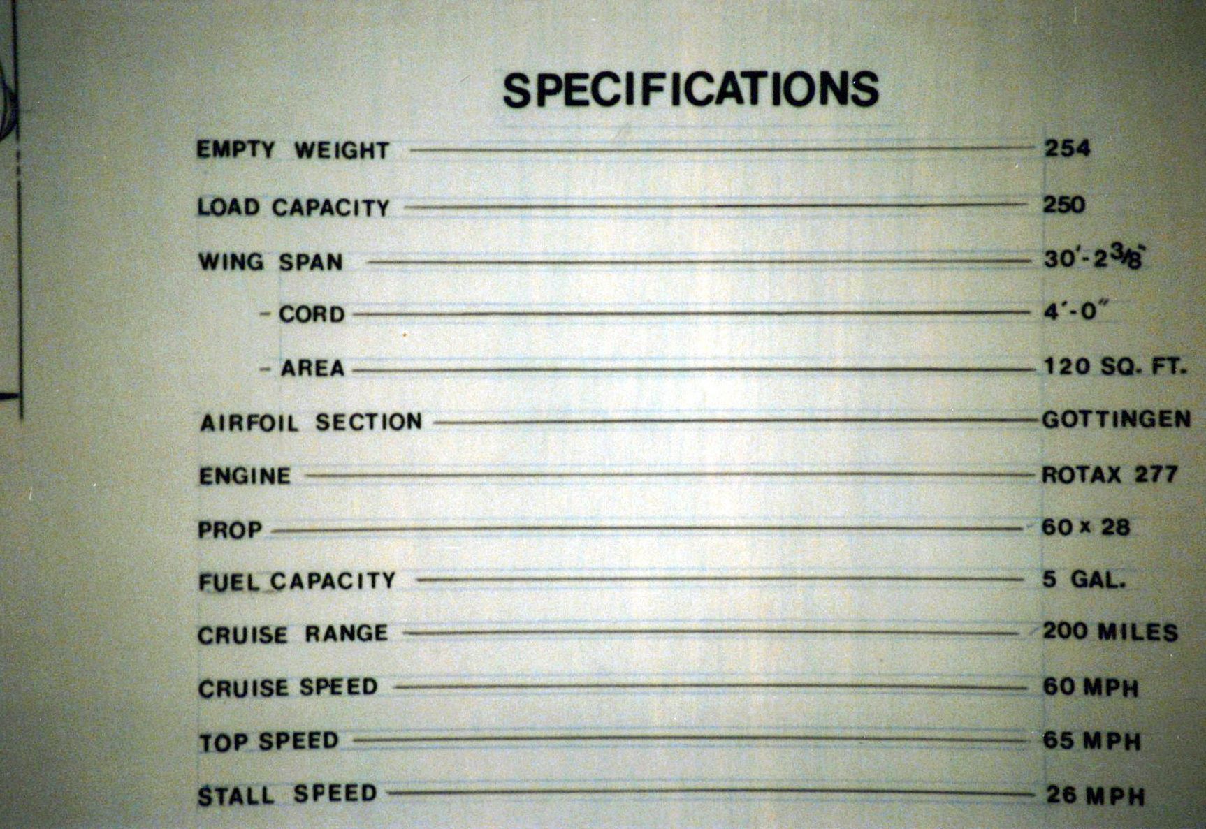 Original Carlson Sparrow specification sheet listing weights, wing dimensions, Rotax 277 engine, and speeds